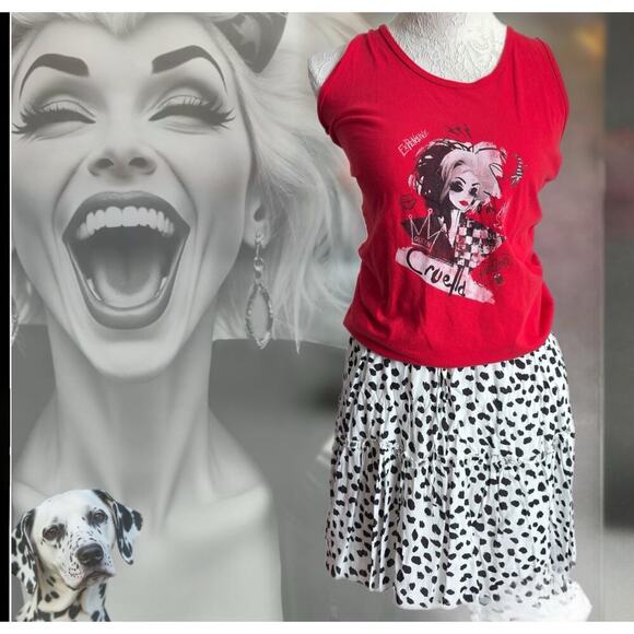 Disney Cruella De Vil Tank Top and Dalmatian Print Skirt Set Small park friendly - Picture 1 of 9